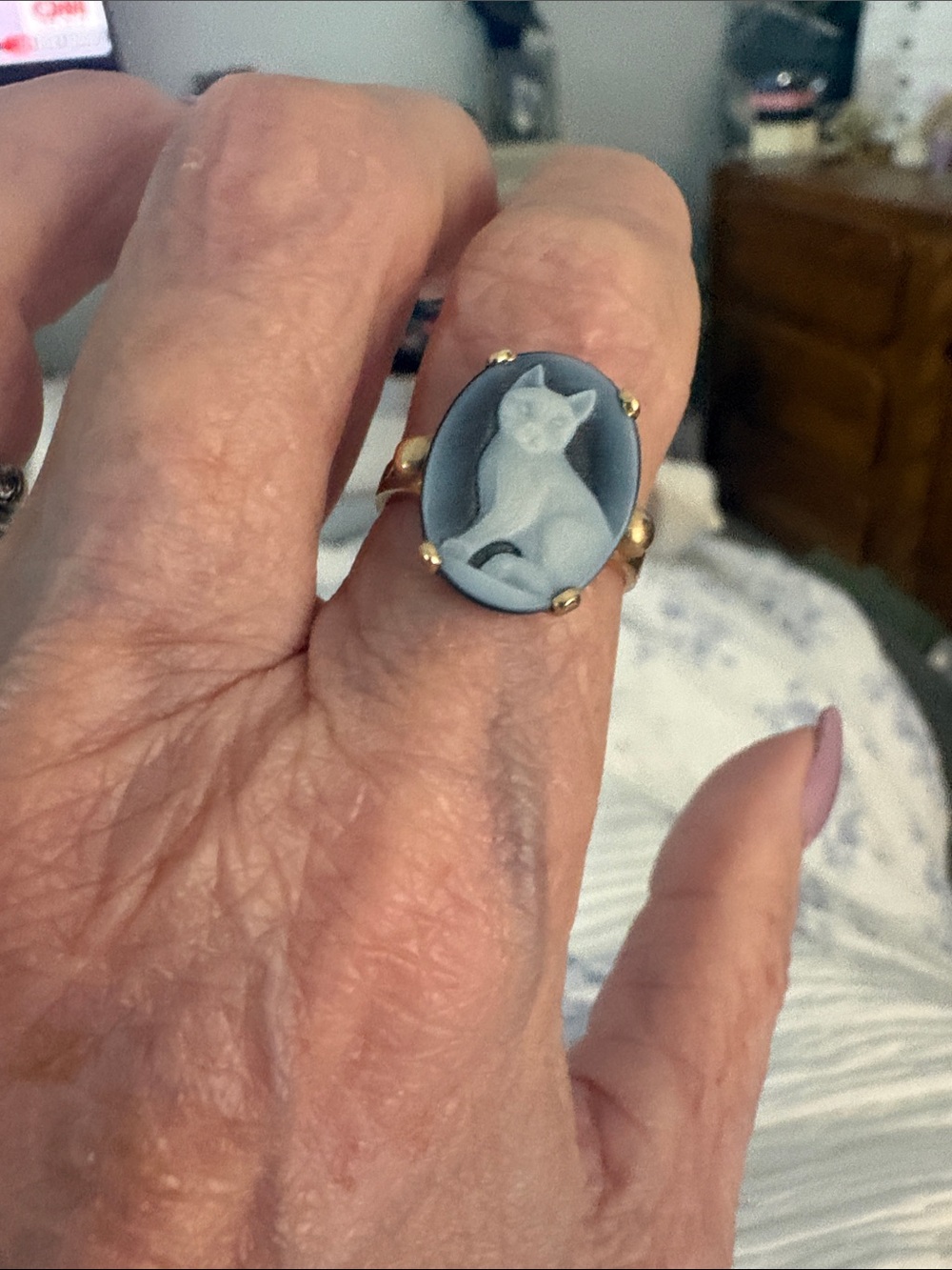 Vintage-Inspired Cat Cameo Ring in Blue and White. 14 kt sz 6